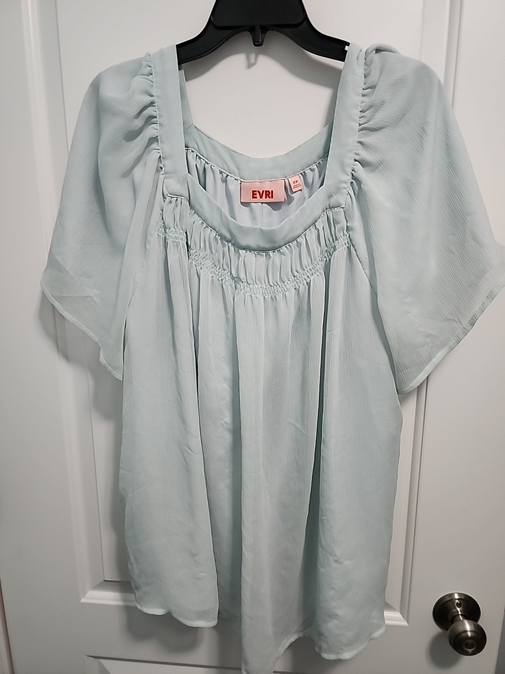 EVRI Pale Blue Smocked Square-Neck Flutter Sleeve Blouse